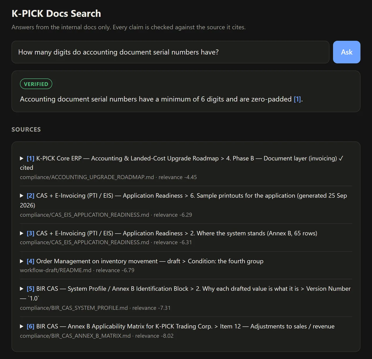 K-PICK Docs Search answering a question with a verified citation and its ranked sources